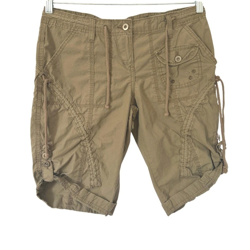 Y2K NOBO Utility Cargo Bermuda Low Rise Shorts S/M Olive Khaki Grommets Gorpcore